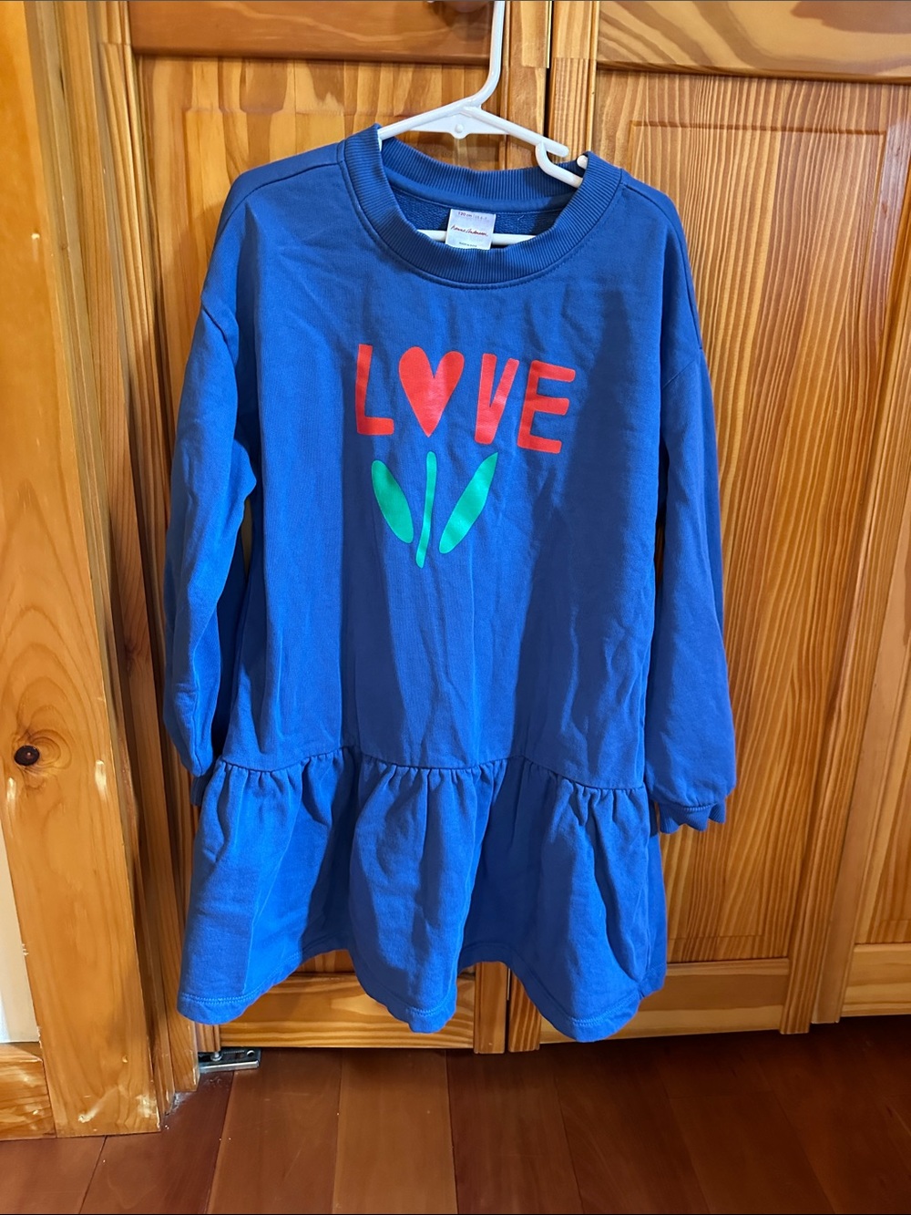 Hanna Andersson Blue Dress with Red LOVE and Green Accents